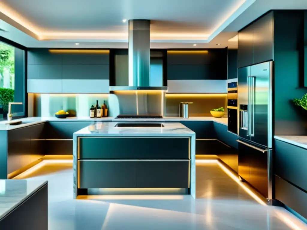 Cocina de lujo con electrodomésticos modernos y encimeras de mármol Una cocina moderna y elegante con electrodomésticos de acero inoxidable de alta gama, encimera de mármol y abundante luz natural
