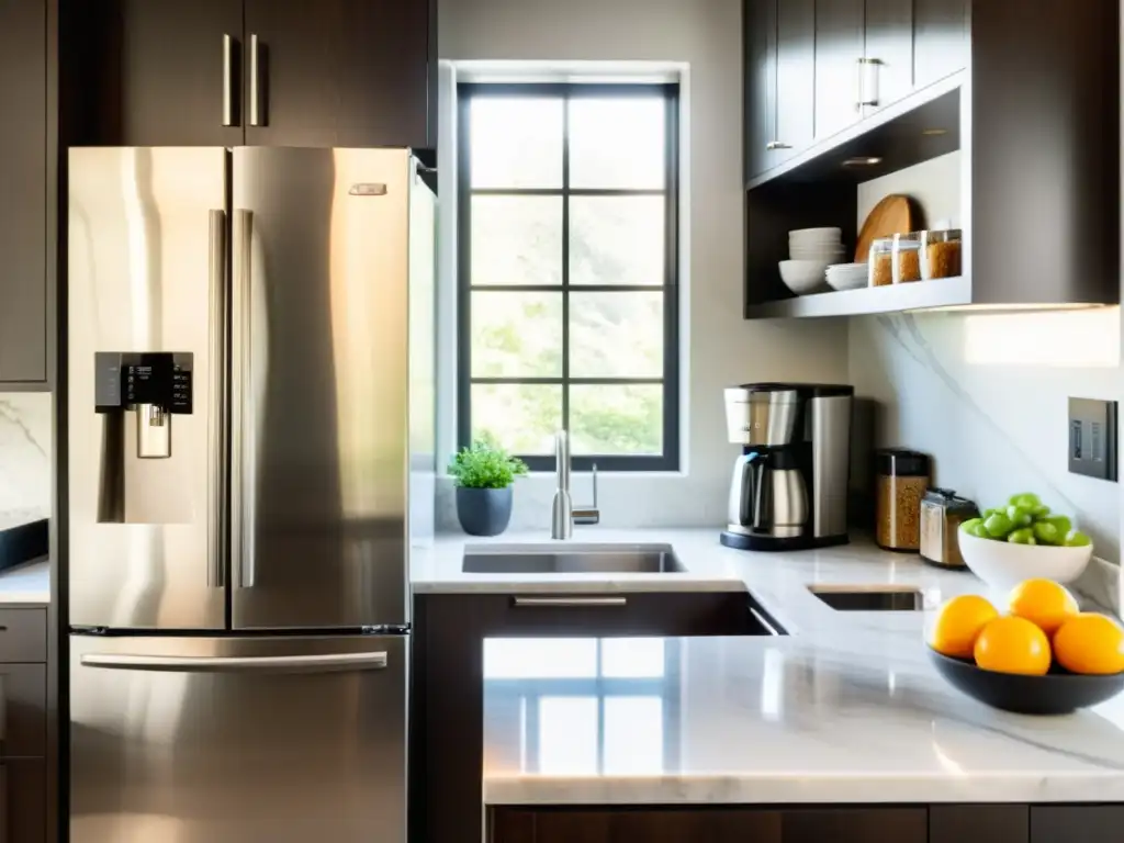 Cocina moderna con electrodomésticos de acero inoxidable y encanto acogedor Una cocina moderna y elegante con electrodomésticos de acero inoxidable, iluminación suave bajo gabinetes y una encimera de mármol