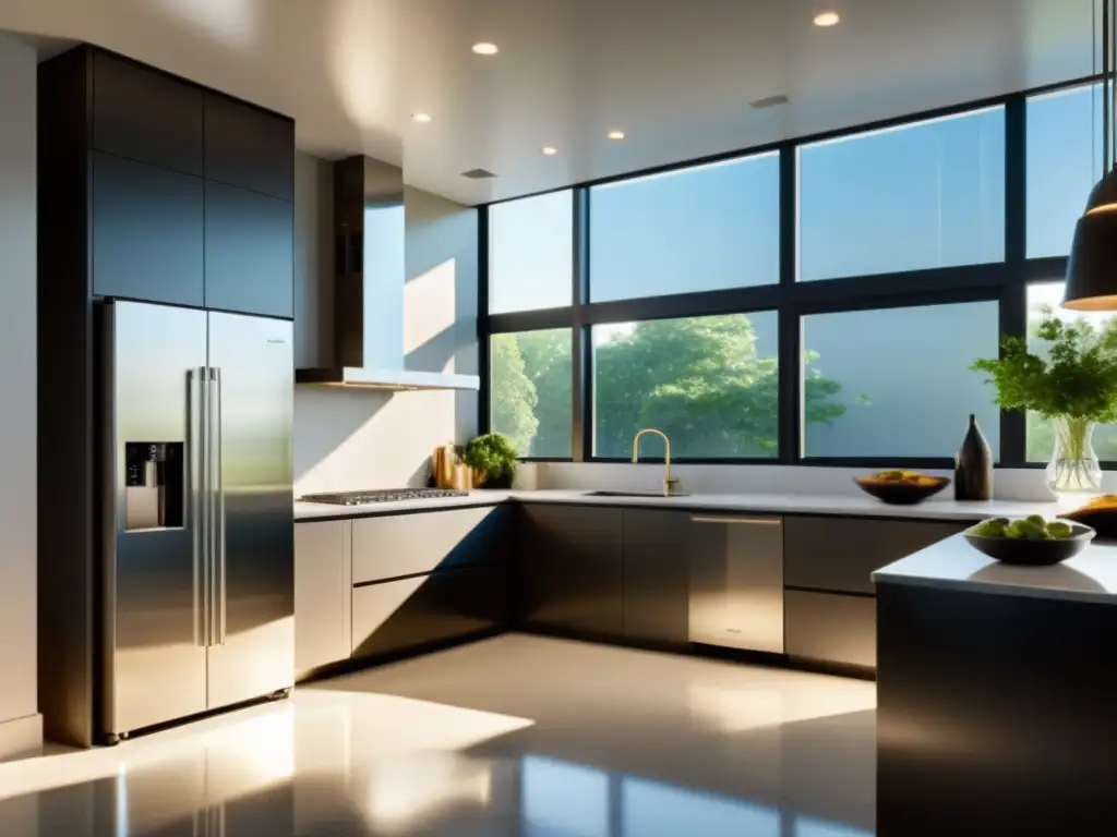 Cocina moderna y sofisticada con luz natural Una cocina moderna y elegante con electrodomésticos de acero inoxidable, encimeras de granito y una decoración minimalista