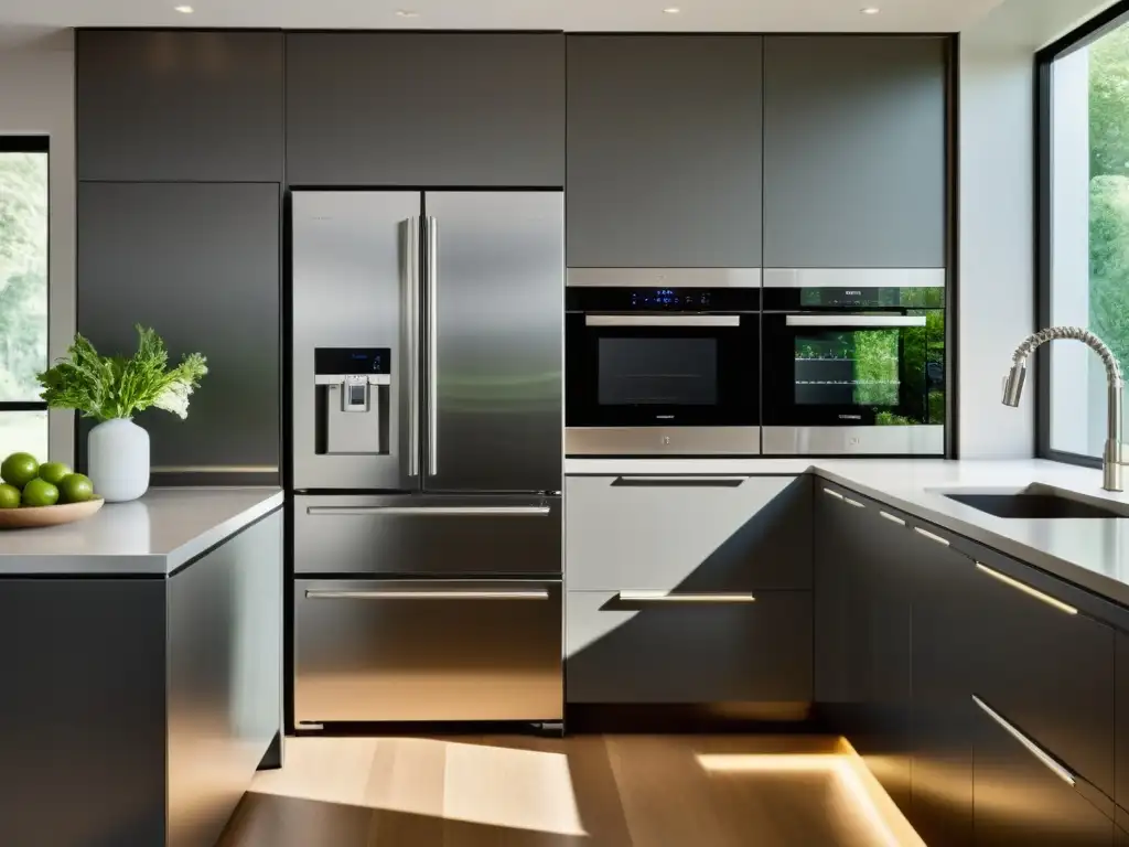 Cocina moderna con electrodomésticos integrados para espacios pequeños Una cocina moderna y elegante con electrodomésticos integrados en armarios, maximizando el espacio en un diseño minimalista para espacios pequeños