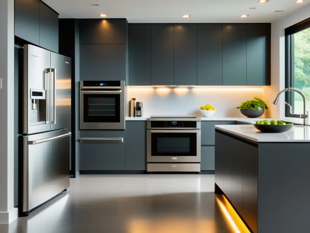 Cocina moderna con electrodomésticos eficientes y elegante iluminación LED Una cocina moderna y elegante con electrodomésticos de acero inoxidable y eficiente iluminación LED