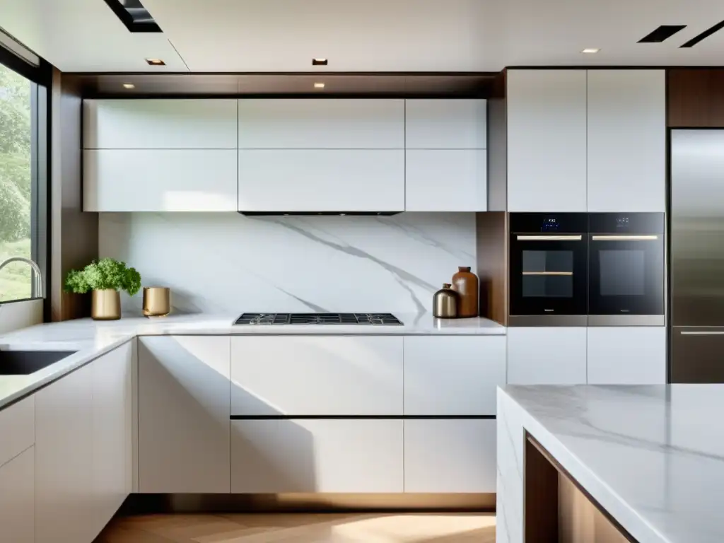 Cocina moderna y elegante con electrodomésticos de acero inoxidable y diseño minimalista Una cocina moderna y elegante con electrodomésticos de acero inoxidable, diseño minimalista y luz natural