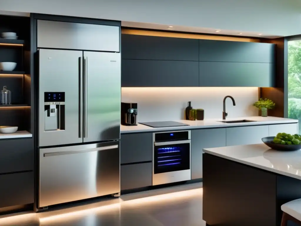 Una cocina moderna y elegante con electrodomésticos de acero inoxidable, iluminada con luces LED bajo gabinetes