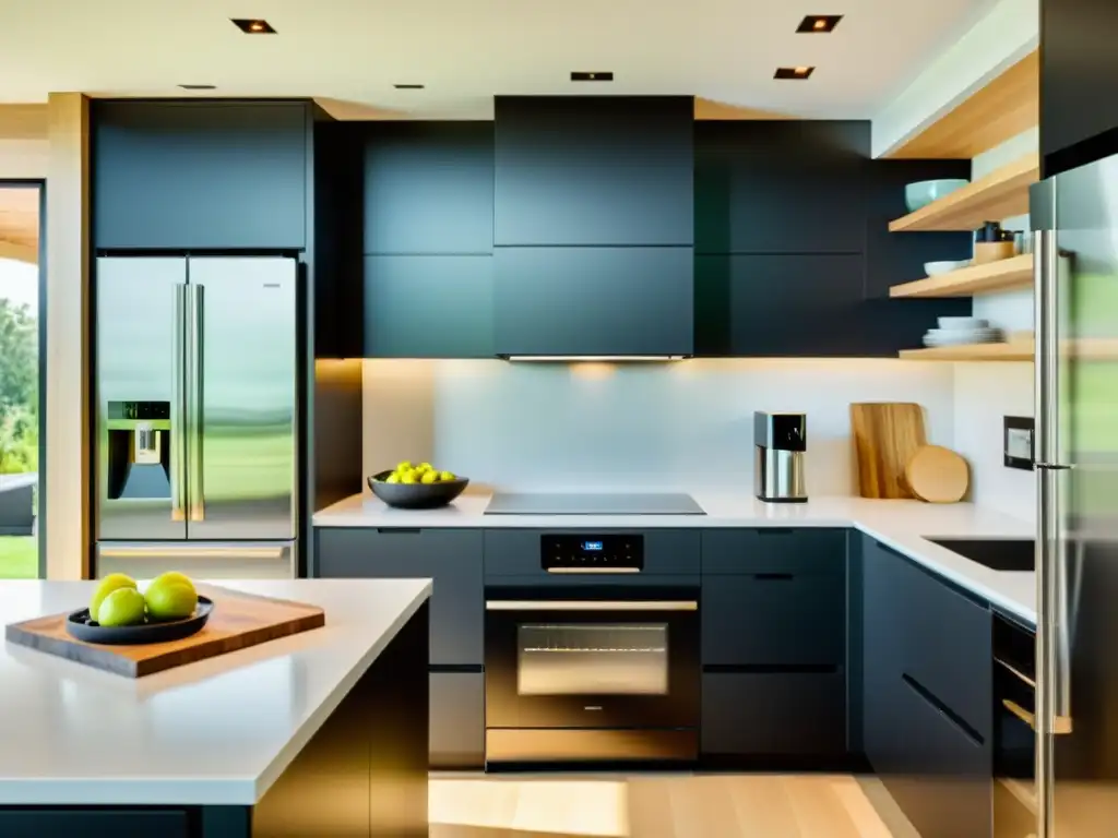 Cocina moderna y ecoamigable con electrodomésticos eficientes en energía Una cocina moderna y elegante con electrodomésticos ecológicos para el hogar en acabado negro mate, luz natural y toques de vegetación