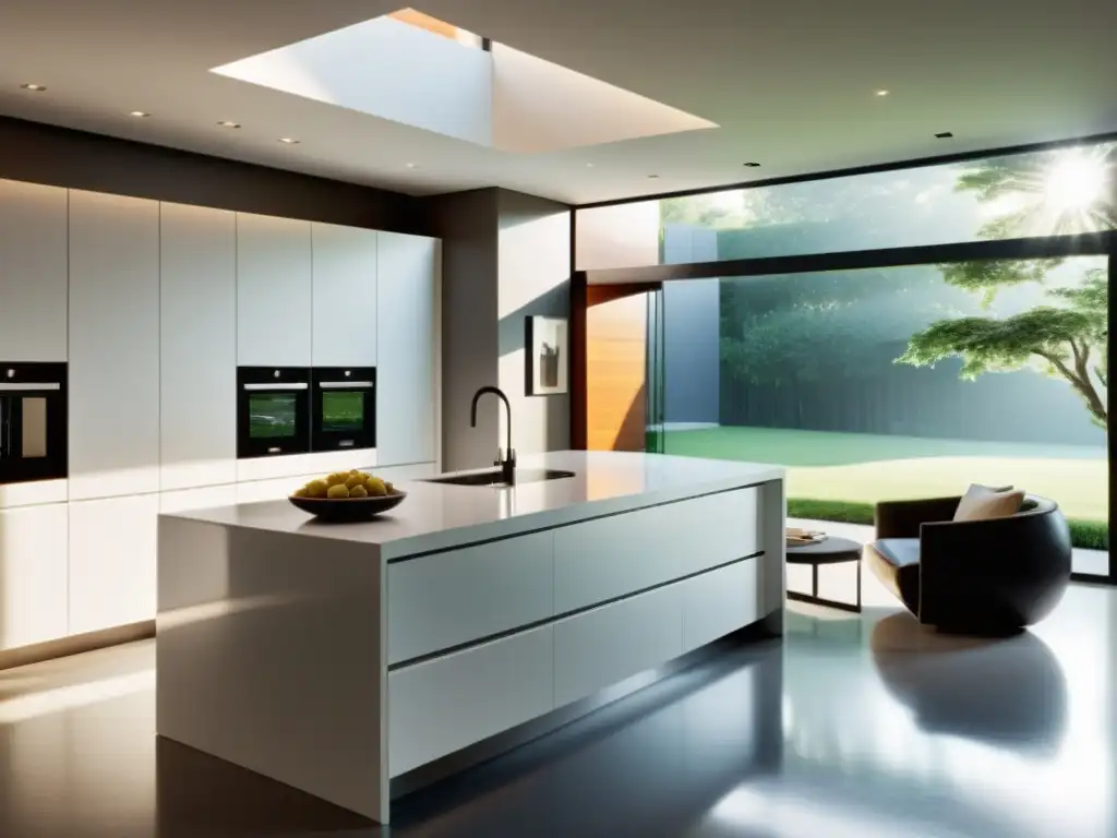 Cocina moderna: luminosidad y sofisticación Cocina moderna con elegantes encimeras blancas y electrodomésticos de acero inoxidable