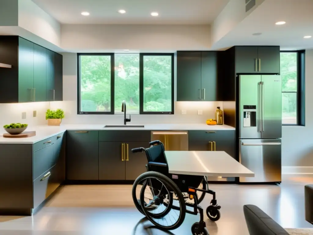 Una cocina moderna y espaciosa con electrodomésticos adaptados para personas con movilidad reducida, diseño elegante y funcional