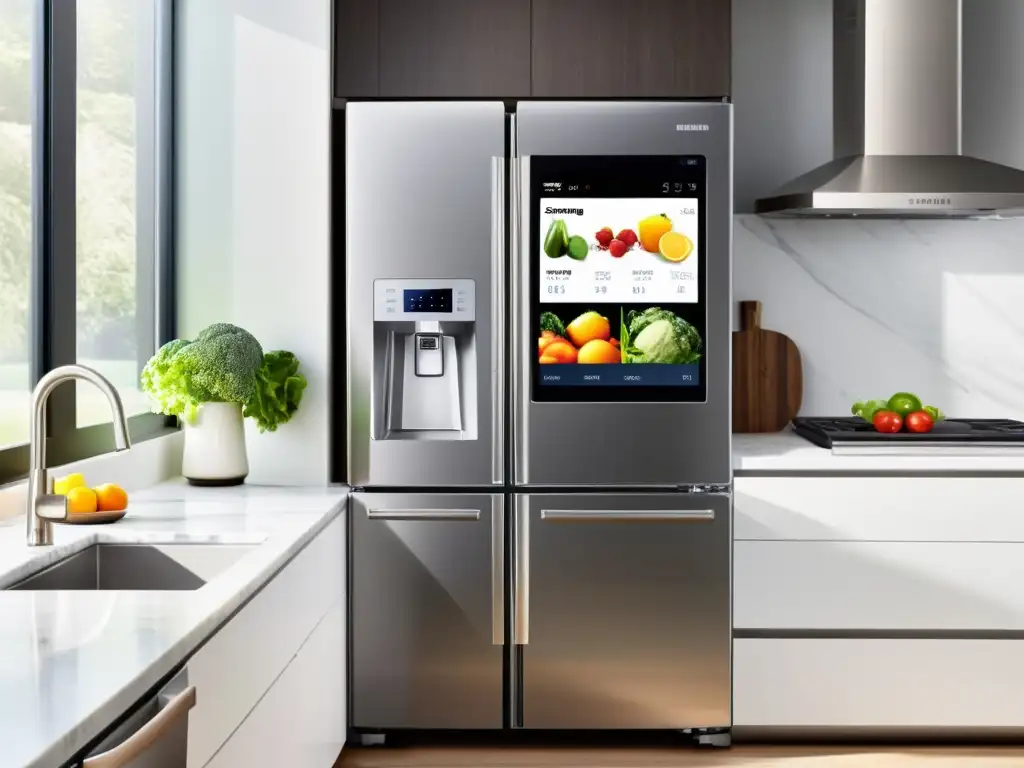 Cocina moderna con refrigerador Samsung Family Hub y frutas frescas Una cocina moderna con el frigorífico inteligente Samsung como centro
