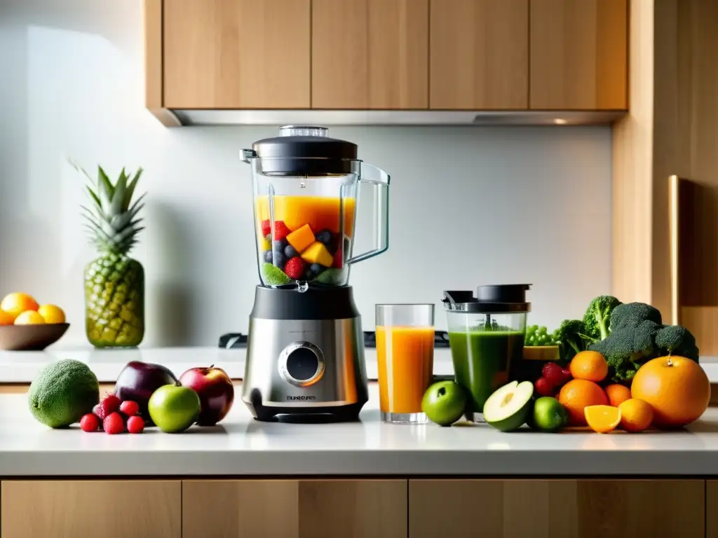 Encantadora cocina moderna llena de vida y color Una cocina moderna con frutas, verduras y frutos secos coloridos, junto a batidoras y licuadoras de alta tecnología
