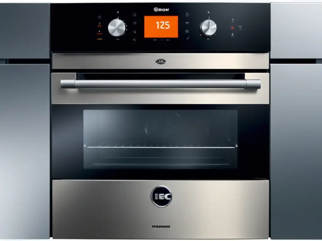 Elegante cocina con horno eléctrico seguro y moderno Una cocina moderna con horno eléctrico de diseño futurista y certificación de seguridad según la normativa IEC 60335 electrodomésticos seguros