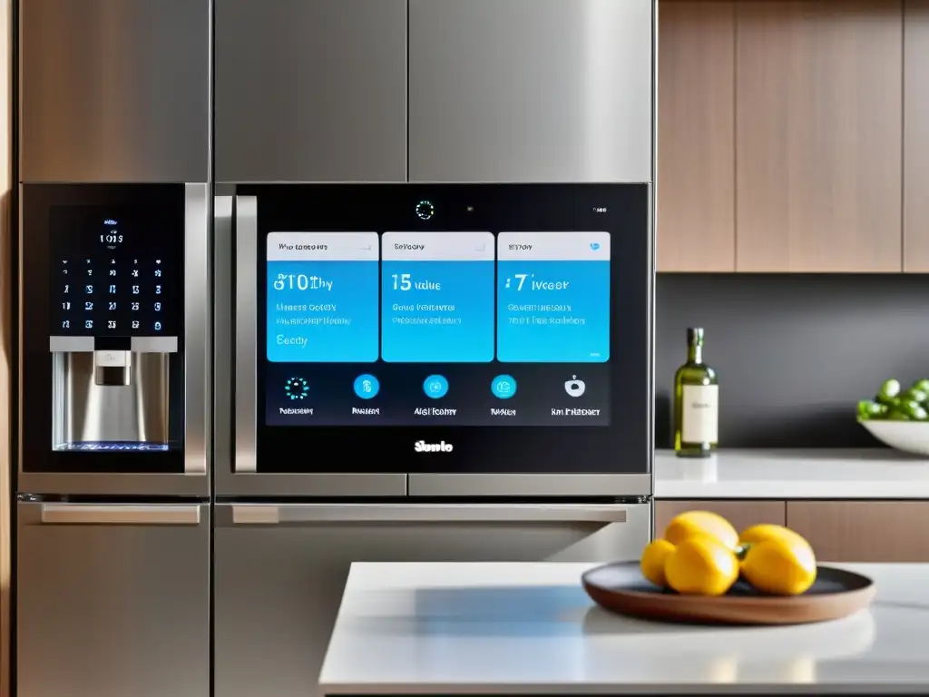 Cocina inteligente: comodidad y privacidad en armonía Una cocina moderna e inteligente con electrodomésticos conectados, creando un ambiente acogedor