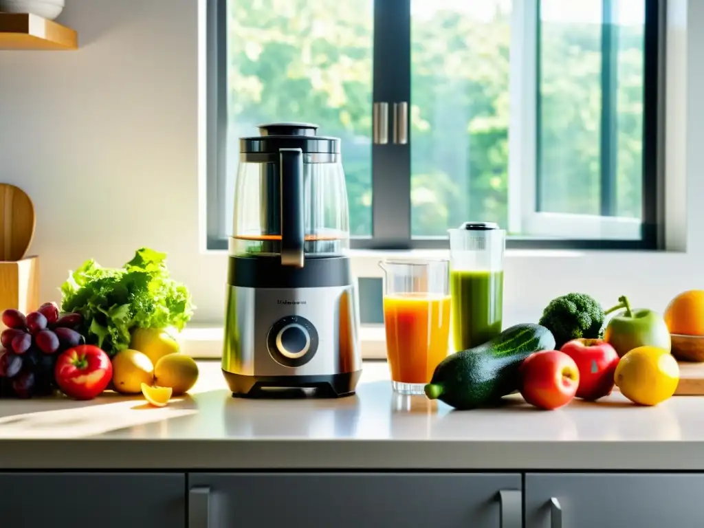 Blender y licuadora en cocina moderna con frutas frescas Una cocina moderna con licuadora y extractor, frutas y verduras frescas