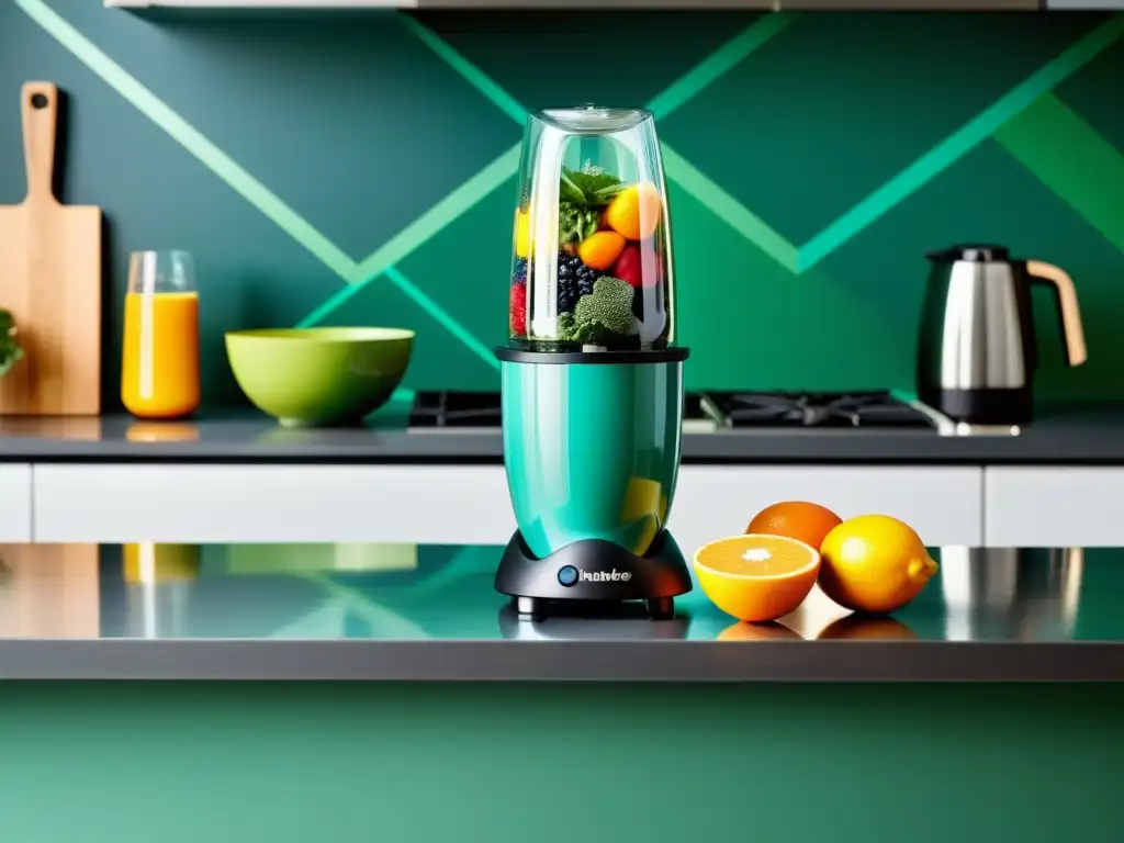 Encimera de cocina moderna con licuadora personalizada Una cocina moderna con una licuadora personalizada de colores vibrantes, ¡ideas DIY para personalizar licuadora!