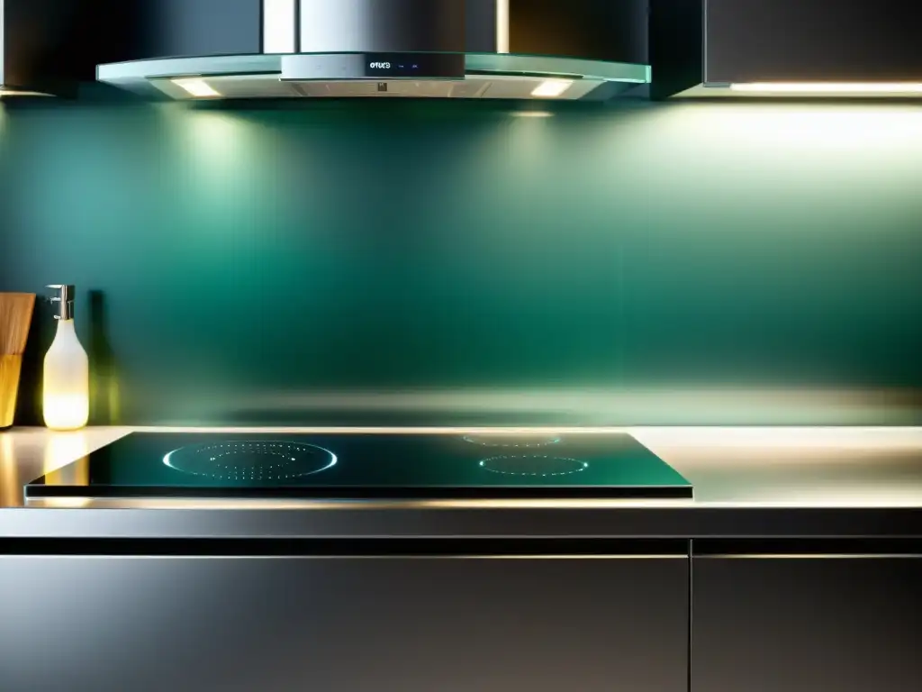 Moderna cocina con nanotecnología para fácil limpieza Una cocina moderna con tecnología nano para limpieza, mostrando superficies brillantes y resistentes con gotas de agua deslizándose