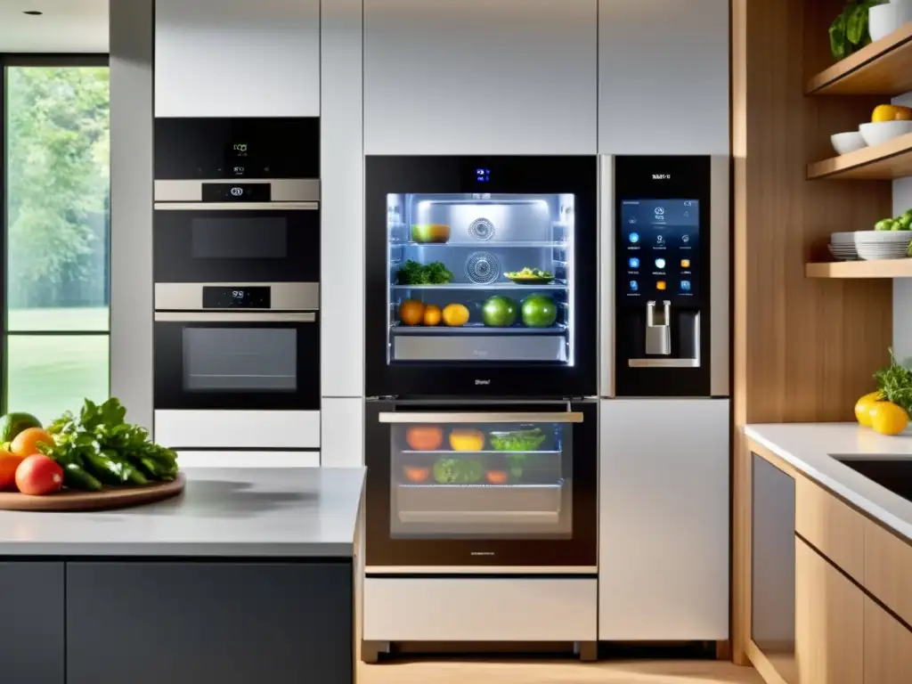Cocina de lujo inteligente con electrodomésticos de vanguardia Una cocina moderna de lujo con electrodomésticos inteligentes de última generación