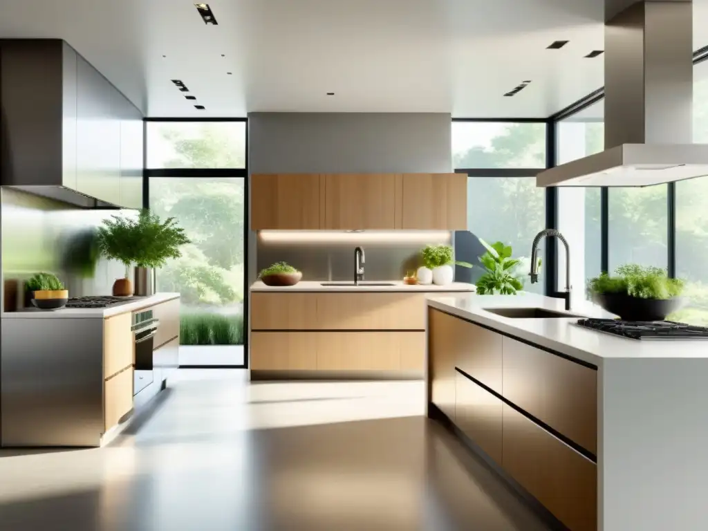 Cocina moderna y ecológica con electrodomésticos eficientes Una cocina moderna y luminosa con electrodomésticos eficientes, efecto de programas ecológicos y toques de elegancia contemporánea