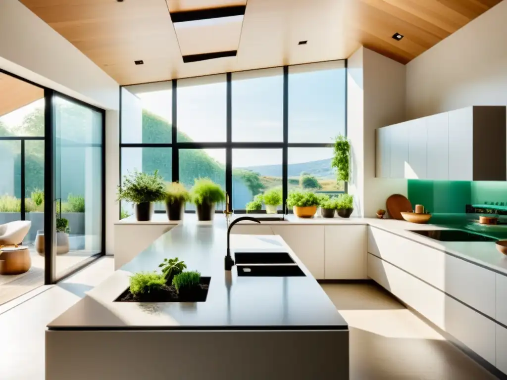 Cocina moderna y sostenible: diseño, funcionalidad y energía renovable Una cocina moderna, luminosa y sostenible con energías renovables para electrodomésticos