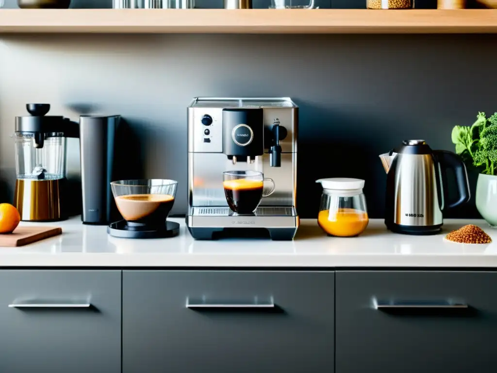 Una cocina moderna con los mejores pequeños electrodomésticos hogar, exudando sofisticación y funcionalidad en su diseño minimalista