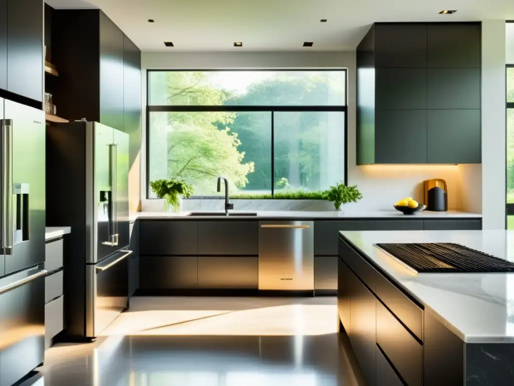 Minimalismo en la cocina: electrodomésticos de acero inoxidable Una cocina moderna y minimalista con electrodomésticos de acero inoxidable en un elegante ambiente
