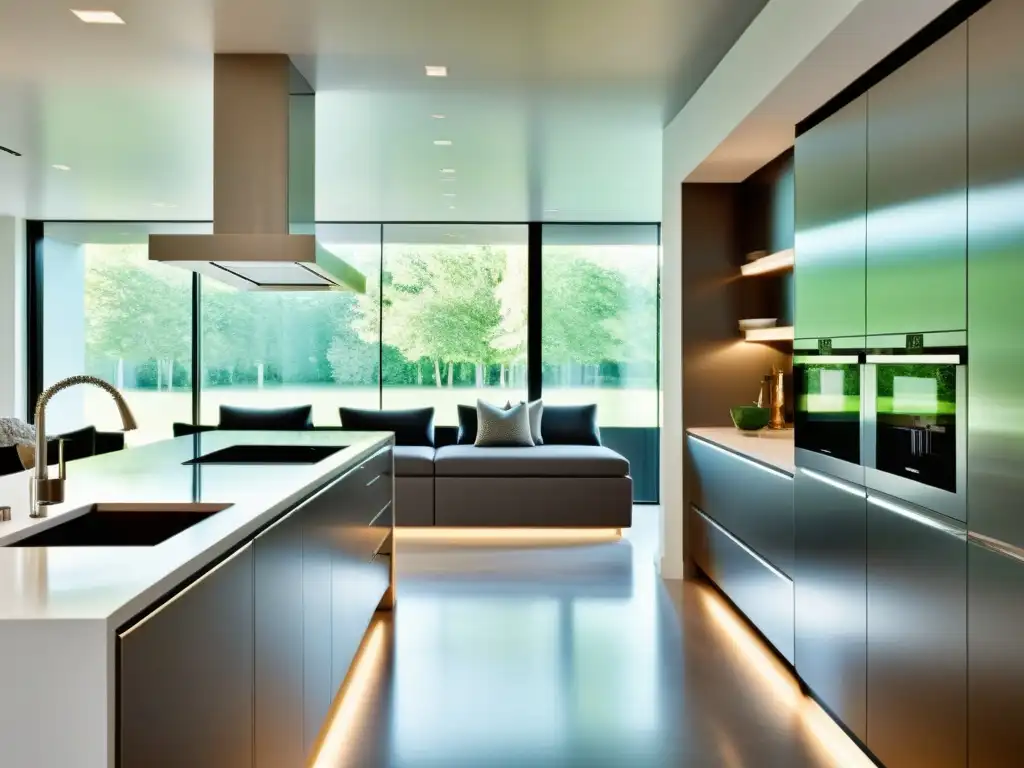 Cocina moderna con electrodomésticos de acero inoxidable Una cocina moderna y minimalista con electrodomésticos de acero inoxidable integrados, que reflejan sinergia entre moda y funcionalidad