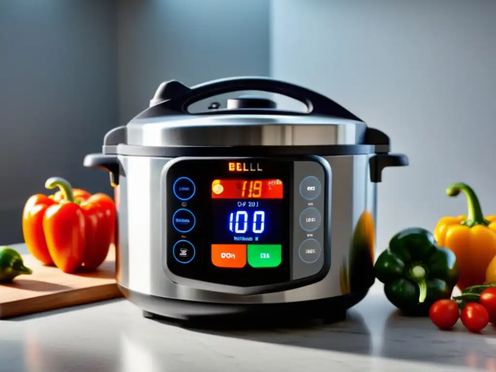 Una cocina moderna con un multicooker de acero inoxidable en primer plano, rodeado de ingredientes frescos