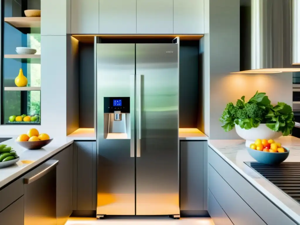 Cocina moderna con refrigerador inteligente y frutas coloridas La cocina moderna muestra una nevera inteligente de alta tecnología con frutas y verduras organizadas en estantes iluminados por LED