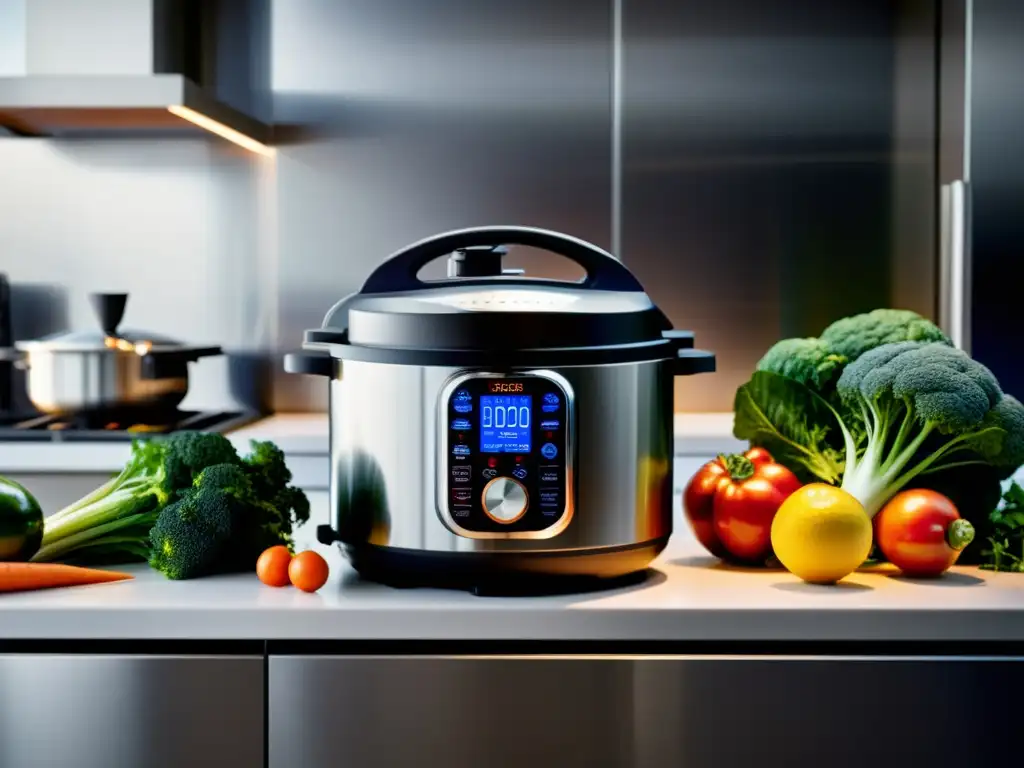 Cocina futurista con olla a presión inteligente y ingredientes frescos Una cocina moderna con una olla a presión inteligente rodeada de ingredientes frescos y gadgets de cocina de alta tecnología