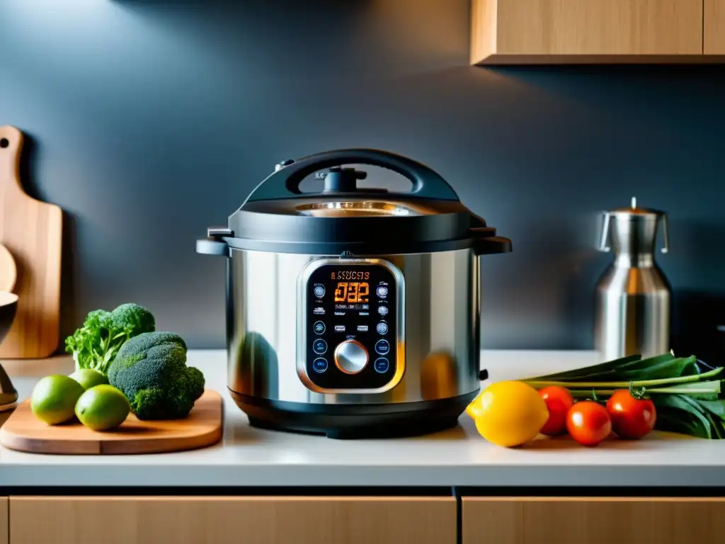 Moderna cocina inteligente con olla a presión digital Una cocina moderna con una olla a presión inteligente en el centro, rodeada de ingredientes frescos y utensilios de cocina