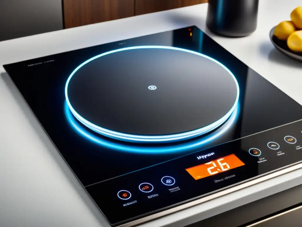 Placa de inducción moderna: control táctil y comida vaporosa Una cocina de inducción moderna con panel de control táctil y zona de cocción, resaltando su diseño contemporáneo