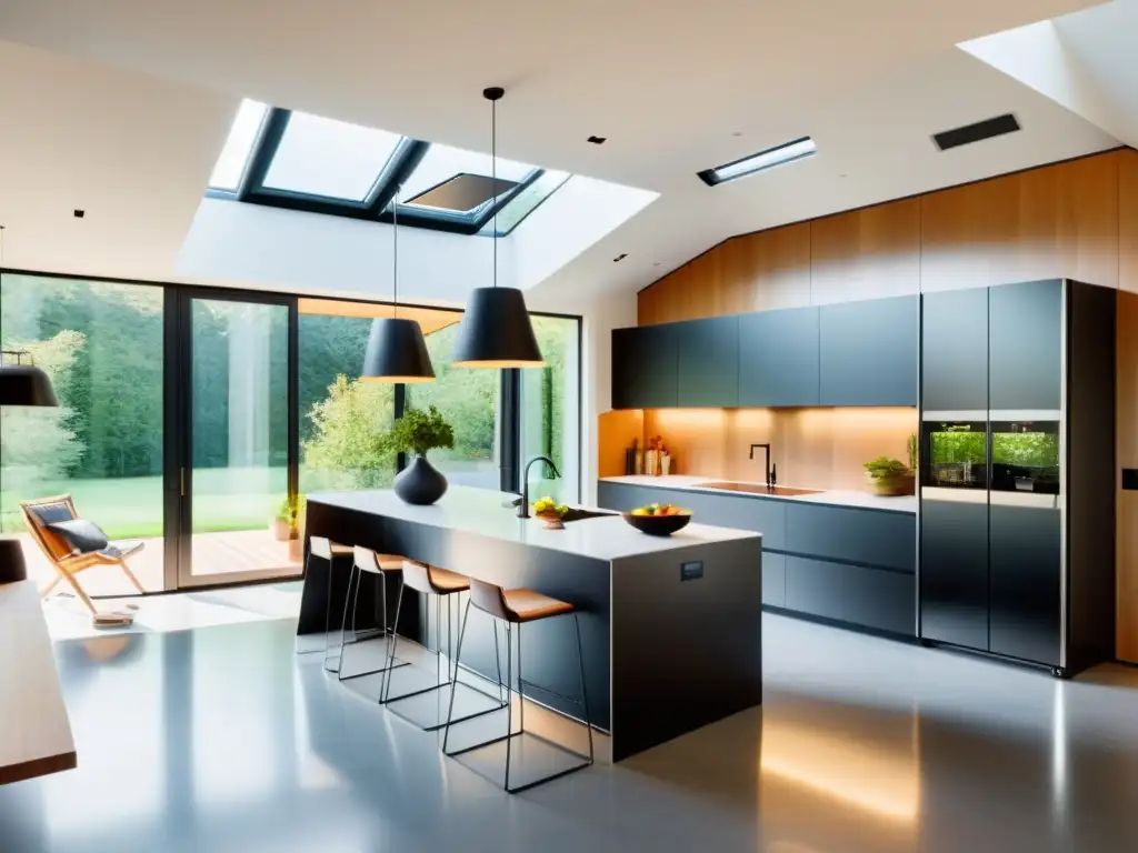 Cocina moderna con paneles solares integrados Una cocina moderna con paneles solares integrados en el techo, beneficiando a electrodomésticos de alta gama