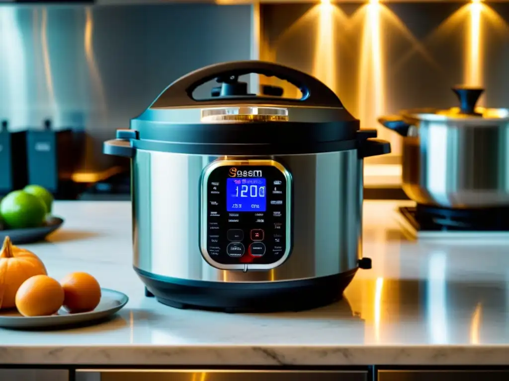 Cocina moderna con Instant Pot y ingredientes frescos Una cocina moderna con el Instant Pot como centro, rodeado de ingredientes frescos