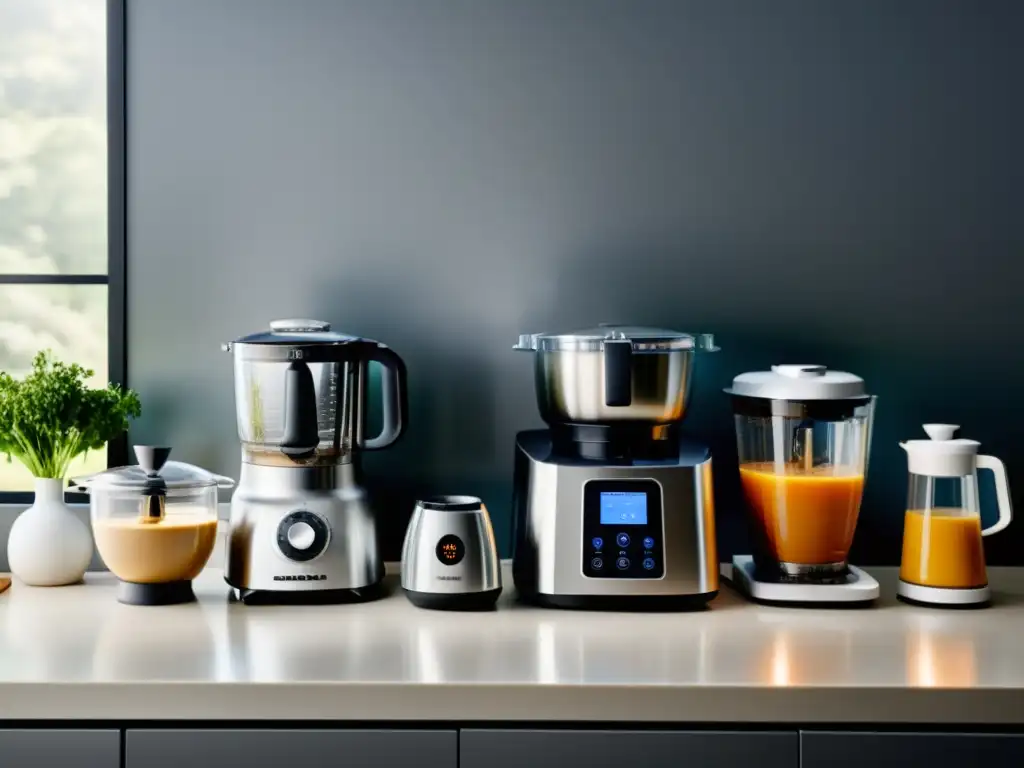 Robots de cocina modernos en un ambiente profesional y acogedor Una cocina moderna con robots de cocina impecables en el mostrador, irradiando calidez y profesionalismo