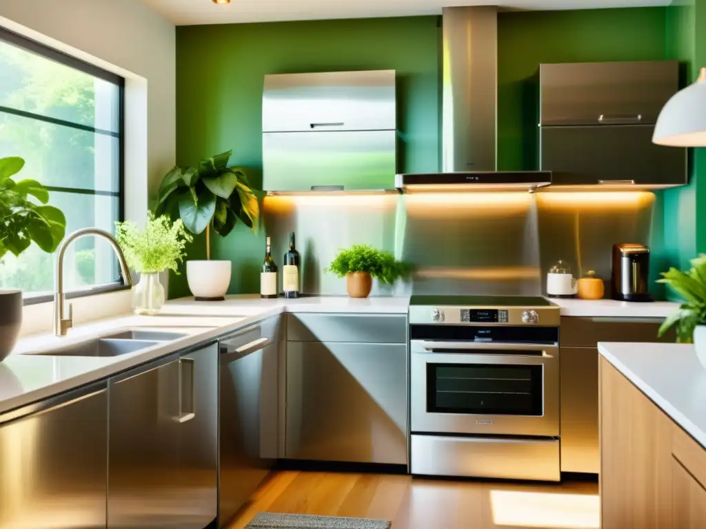 Cocina moderna con electrodomésticos eficientes y eco-amigables Una cocina moderna y sostenible con electrodomésticos de acero inoxidable eficientes rodeados de plantas verdes