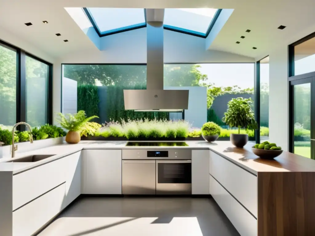 Cocina moderna y sostenible con electrodomésticos de alta tecnología Una cocina moderna, sostenible y elegante con electrodomésticos energéticamente eficientes y un toque de naturaleza