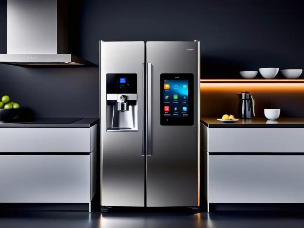 Cocina inteligente: diseño futurista y tecnología avanzada para el hogar Una cocina moderna con tecnologías emergentes en electrodomésticos conectados, incluyendo un refrigerador futurista con pantalla táctil, un horno controlado por voz y una cafetera conectada