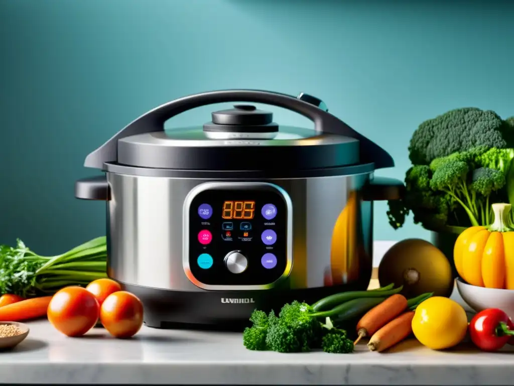 Una cocina moderna con un multicooker, verduras frescas y hierbas