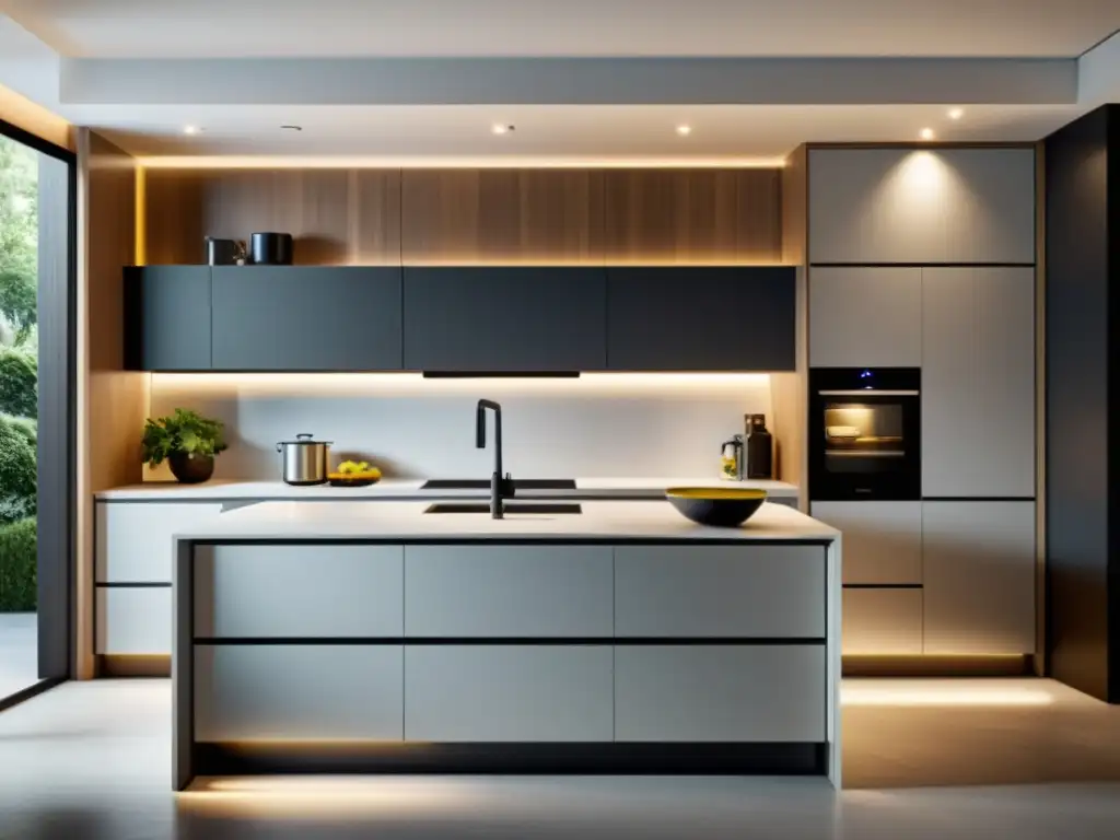 Cocina modular moderna con diseño inteligente y minimalista Una cocina modular inteligente para hogar, con diseño moderno y funcional, iluminación integrada y líneas limpias