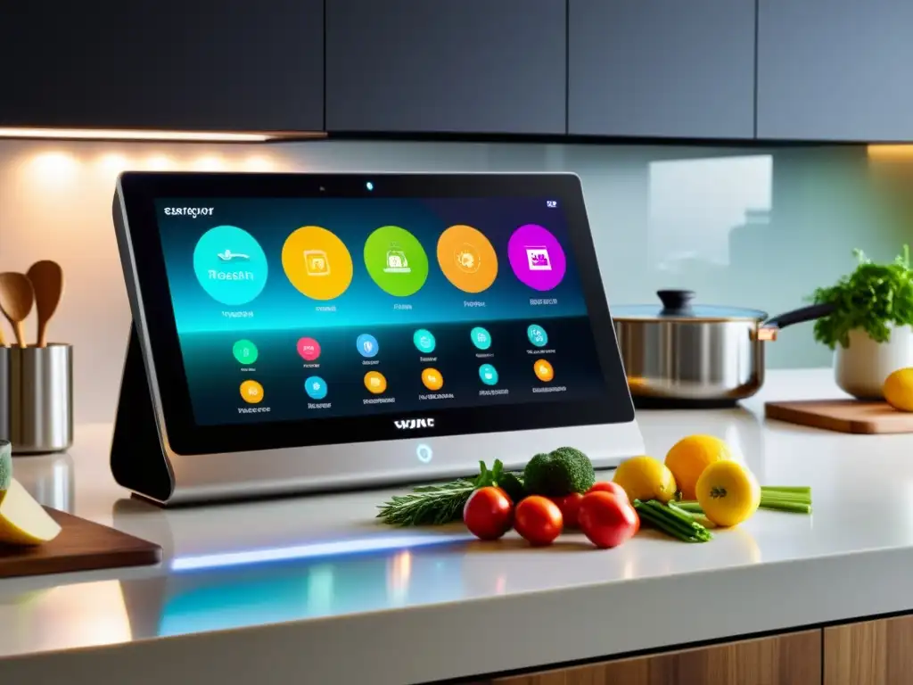 Smart display de cocina con recetas vibrantes Smart display en la cocina mostrando recetas vibrantes con estilo moderno