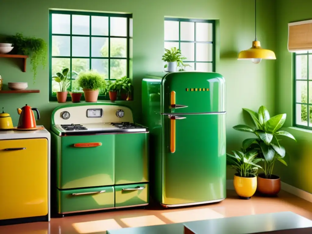 Cocina retro con electrodomésticos coloridos y plantas vibrantes Una cocina retro con electrodomésticos vintage relucientes y plantas verdes vibrantes, bañada por la cálida luz del sol