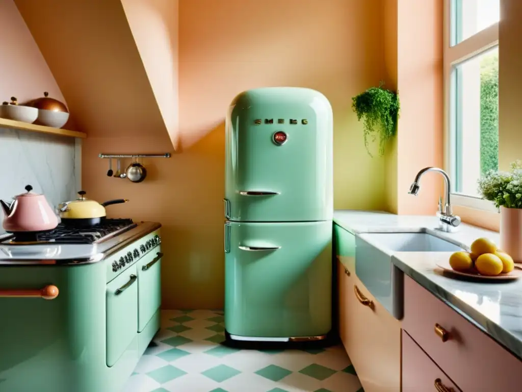 Cocina retro chic con electrodomésticos Smeg pastel Una cocina retro elegante con electrodomésticos estilo retro de marcas líderes, en tonos pastel, sobre encimera de mármol iluminada por luz natural