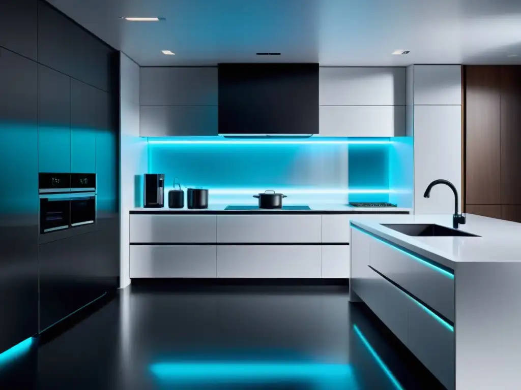 Cocina inteligente del futuro: asistente de cocina holográfico Una cocina ultramoderna con asistentes de cocina inteligentes revolución, integrados en un diseño minimalista y futurista