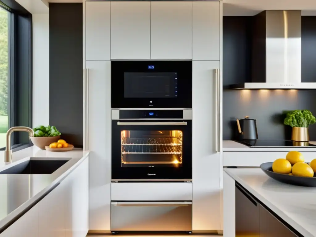 Cocina ultramoderna con electrodomésticos inteligentes y minimalismo blanco Una cocina ultramoderna con electrodomésticos de acero inoxidable integrados, iluminación ambiental y tecnología de inteligencia artificial para una experiencia culinaria avanzada