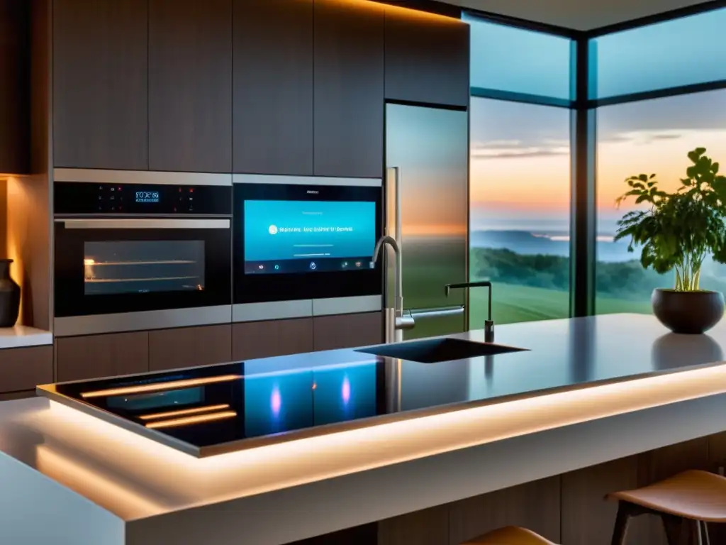 Cocina futurista con tecnología AI integrada Una cocina ultramoderna con electrodomésticos de acero inoxidable y gadgets de cocina con inteligencia artificial integrados