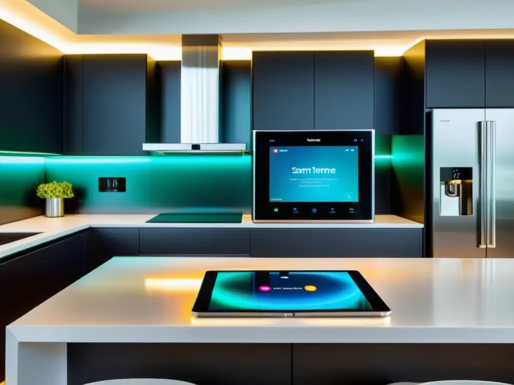 Cocina inteligente: tecnología moderna en un entorno profesional Una cocina ultramoderna con electrodomésticos de acero inoxidable controlados por smartphones y tablets, mostrando la gestión de electrodomésticos inteligentes