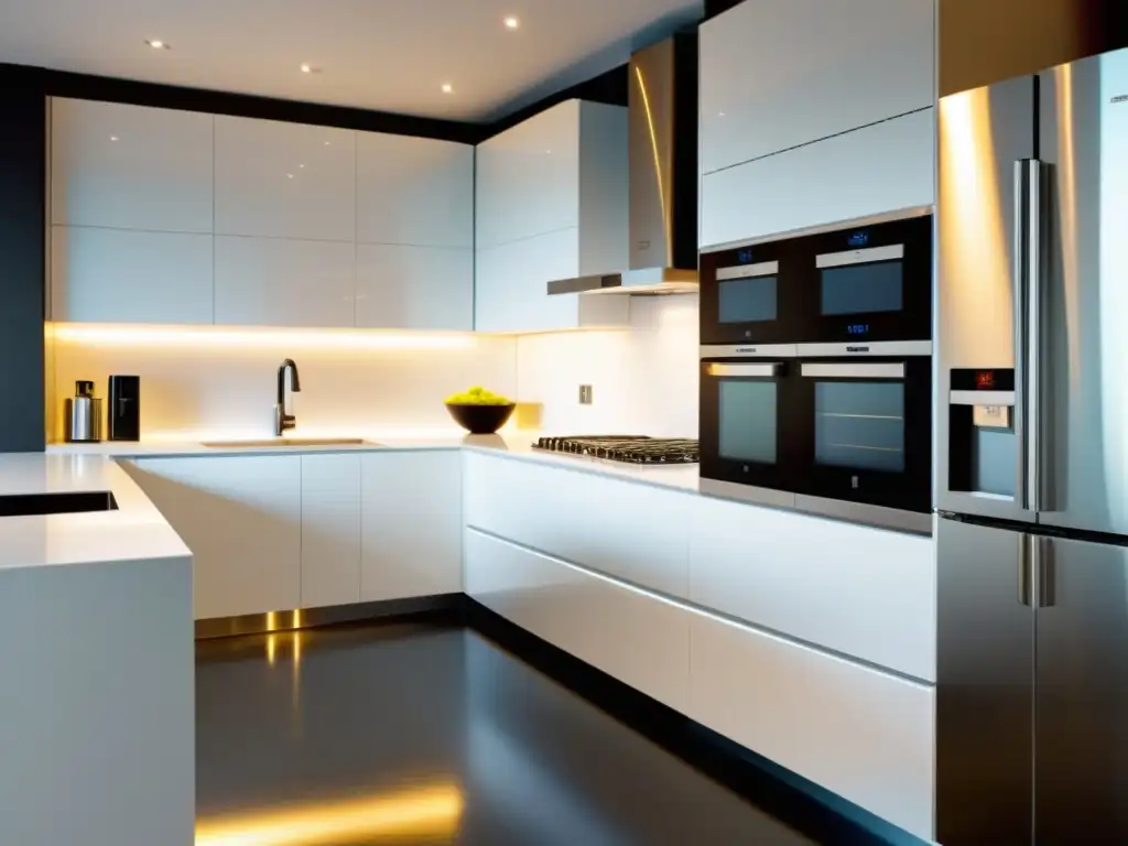 Cocina ultramoderna con electrodomésticos de acero inoxidable integrados Una cocina ultramoderna con electrodomésticos de acero inoxidable integrados en gabinetes blancos minimalistas