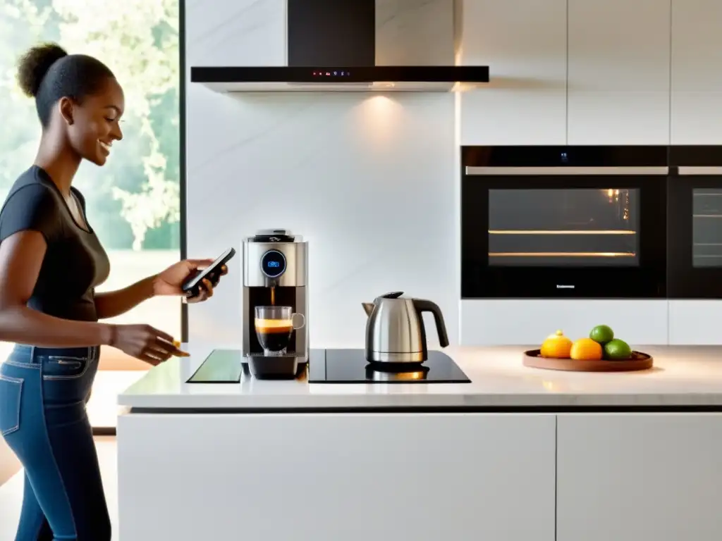 Cocina Futurista con Electrodomésticos Inteligentes y Mármol Blanco Una cocina ultramoderna con electrodomésticos de acero inoxidable y control por voz