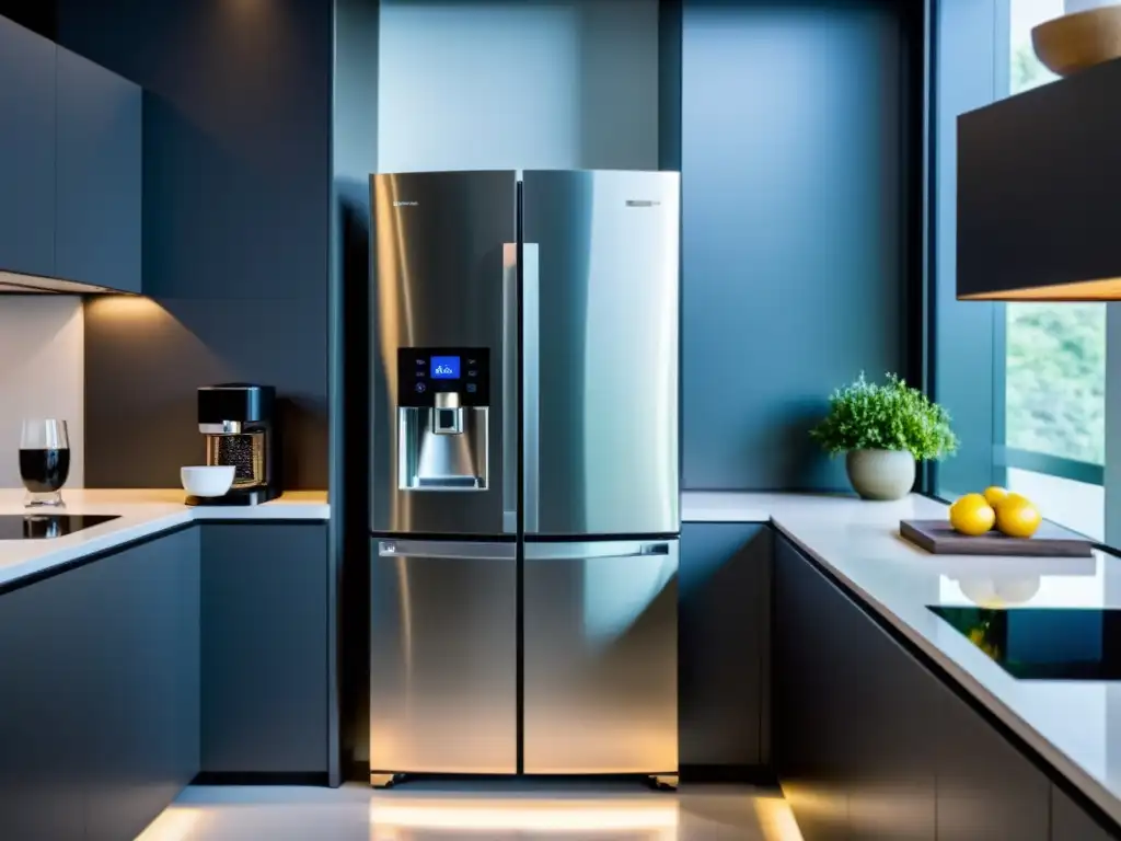 Cocina futurista con electrodomésticos inteligentes de acero inoxidable Una cocina ultramoderna con electrodomésticos conectados a smartphone