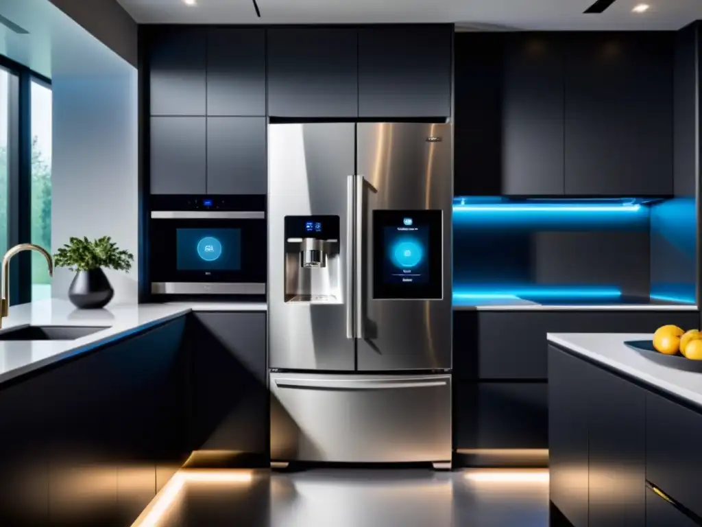 Cocina ultramoderna con electrodomésticos inteligentes y luces ambientales Una cocina ultramoderna con electrodomésticos conectados para hogar inteligente, creando un ambiente futurista y lujoso