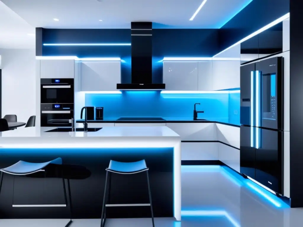 Cocina futurista con electrodomésticos de alta tecnología Una cocina ultramoderna con electrodomésticos de diseño futurista integrados en un ambiente minimalista y sofisticado