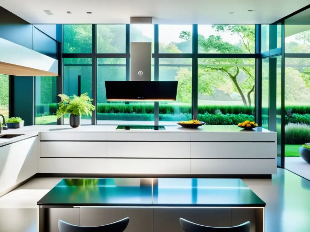 Cocina ultramoderna con electrodomésticos inteligentes y sostenibles Una cocina ultramoderna con electrodomésticos inteligentes para hogar sostenible, iluminación ambiental y vista a un jardín ecoamigable
