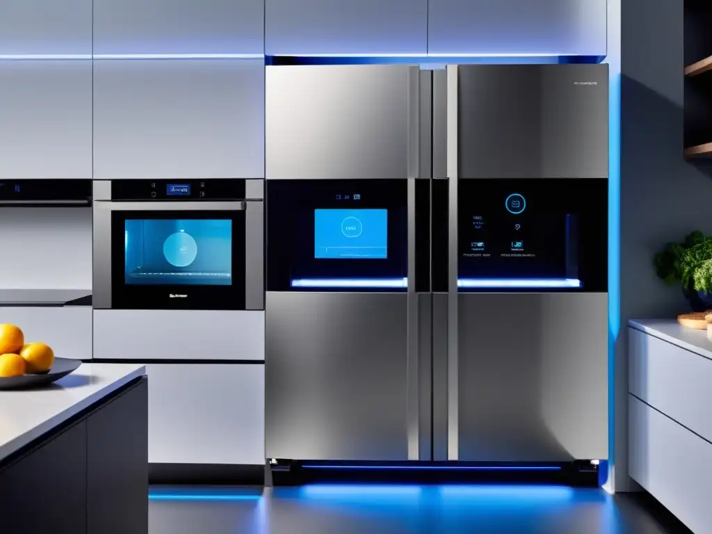 Cocina ultramoderna con electrodomésticos inteligentes de acero inoxidable Una cocina ultramoderna con electrodomésticos inteligentes de acero inoxidable integrados en el diseño minimalista